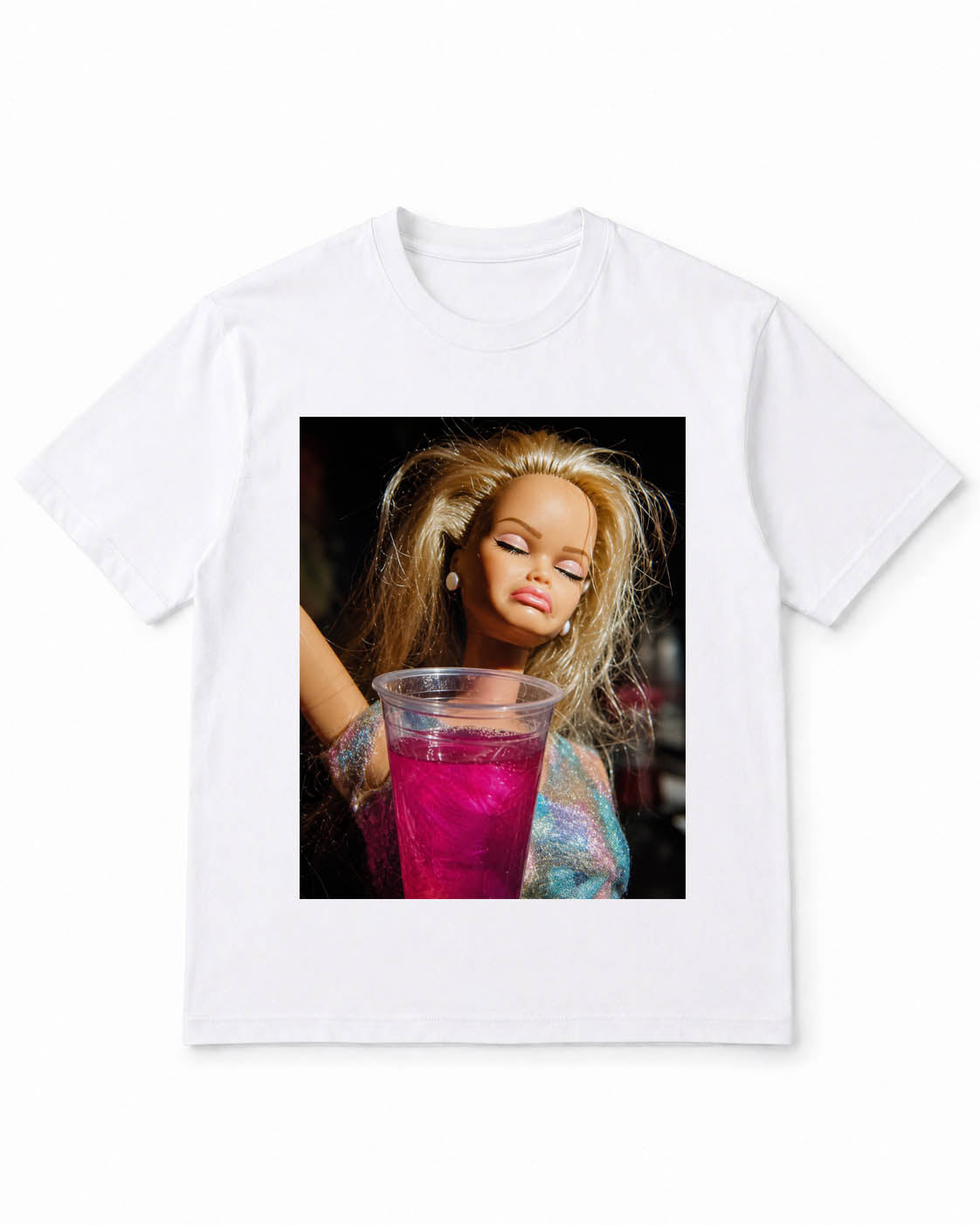 Meme Doll T-Shirt with Party Doll Holding Pink Drink – 100% Cotton