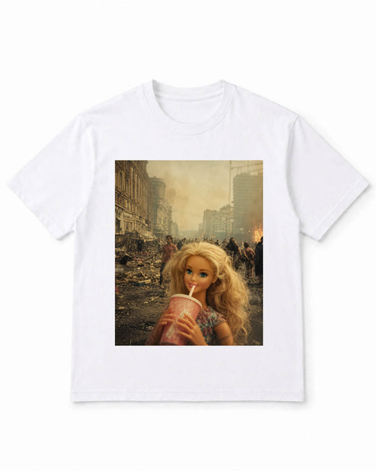 Meme-Puppen-T-Shirt mit gelassener Puppe in einer brennenden Welt – 100 % Baumwolle