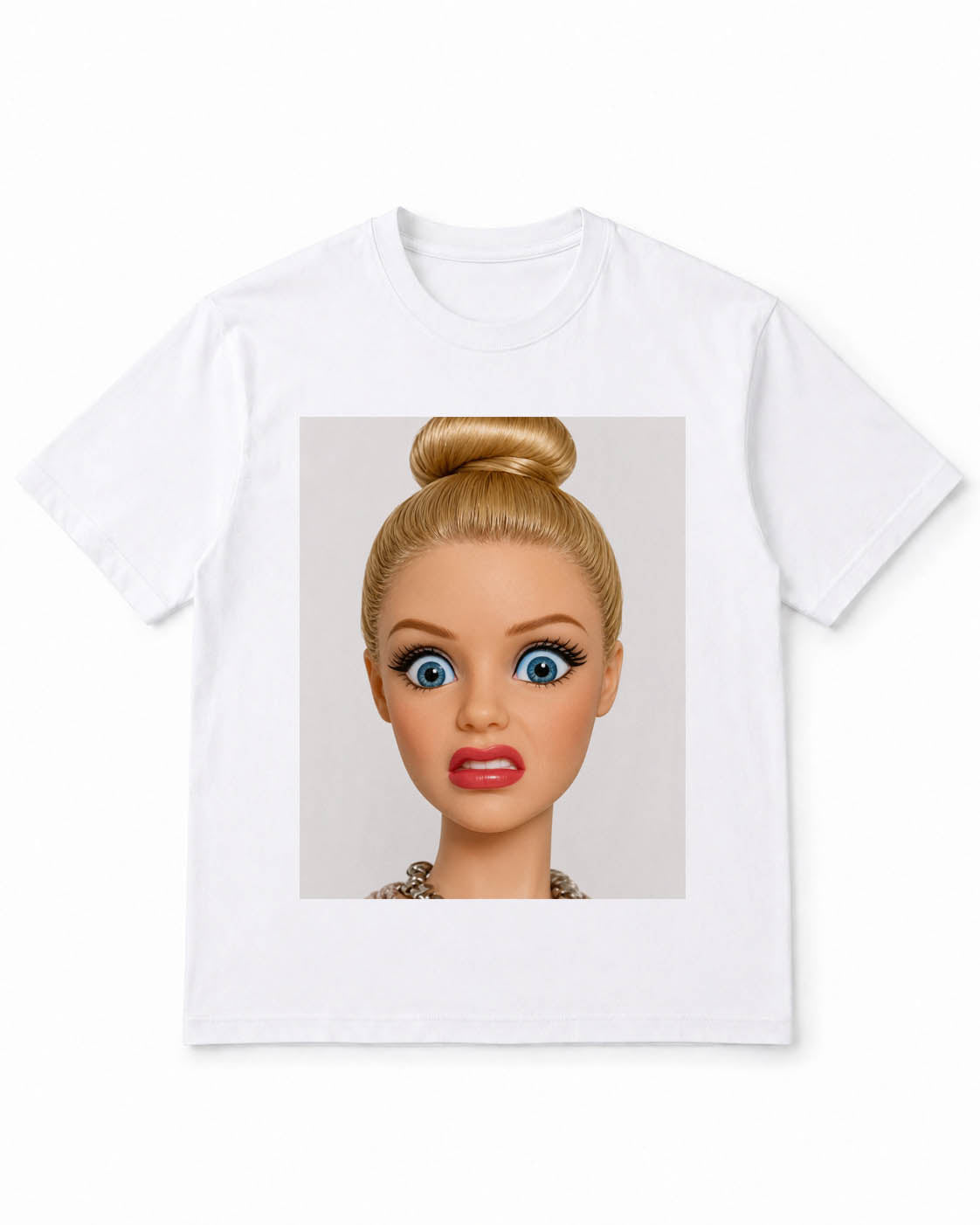 Meme Doll T-Shirt with Wide-Eyed Awkward Expression – 100% Cotton
