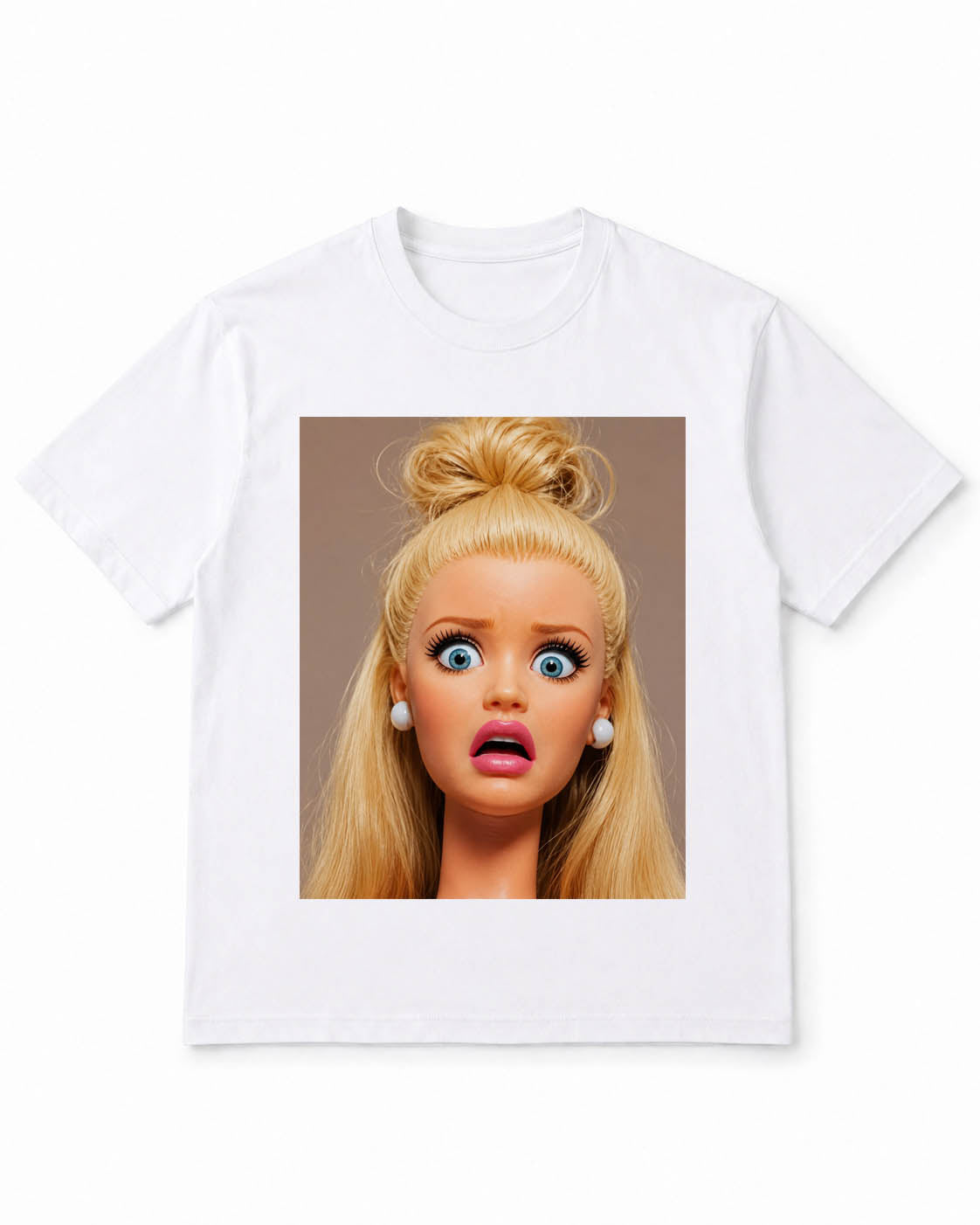 Meme Doll T-Shirt with Shocked Blonde Doll Face – 100% Cotton