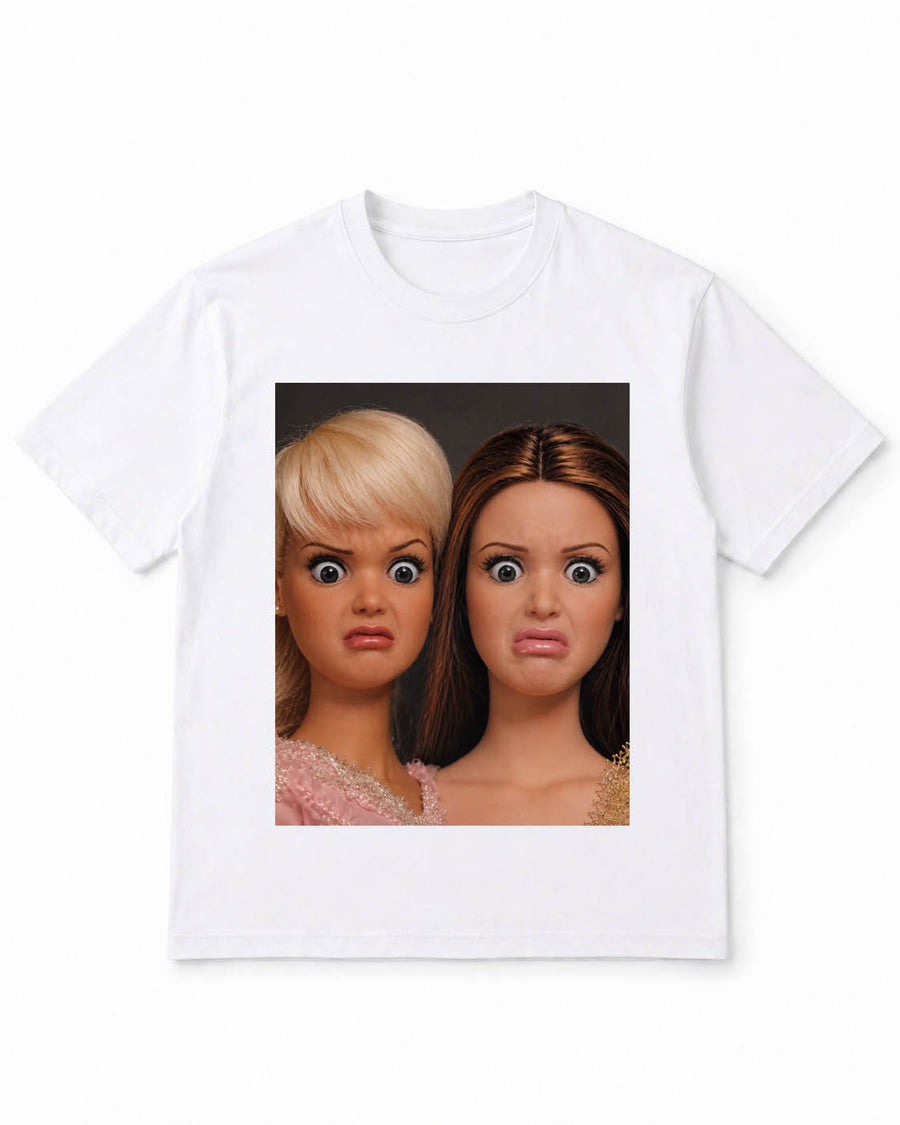 Meme-Puppen-T-Shirt mit zwei angewiderten Puppengesichtern – 100 % Baumwolle