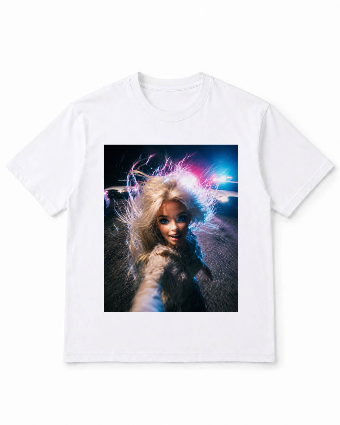 Meme Doll T-Shirt with Police Lights Night Selfie – 100% Cotton