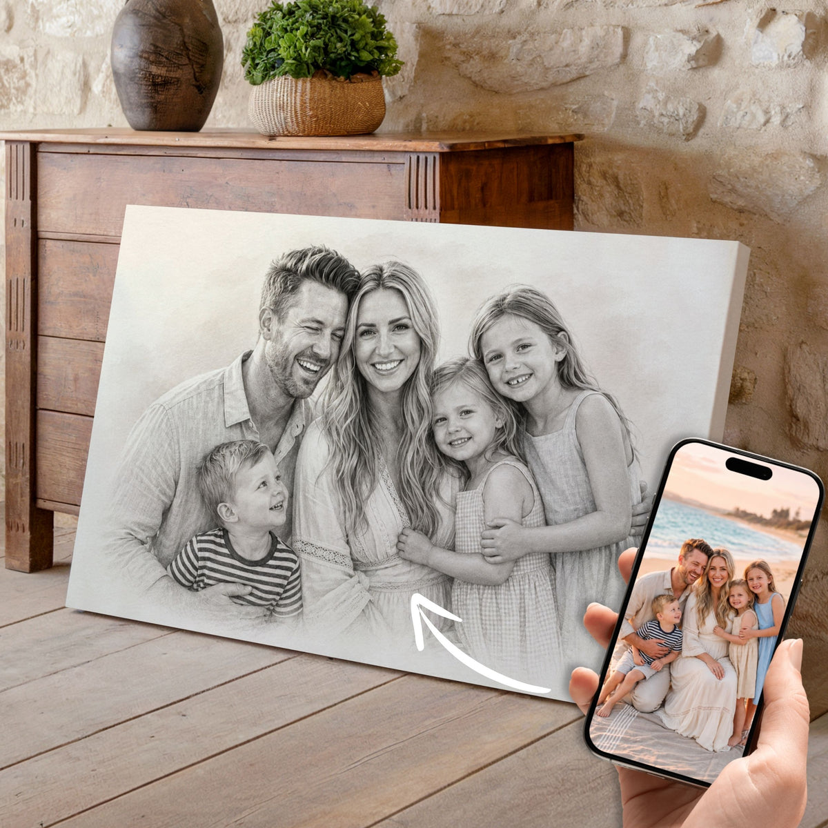 Personalisiertes Familienporträt – Eleganter Bleistiftzeichnungsstil