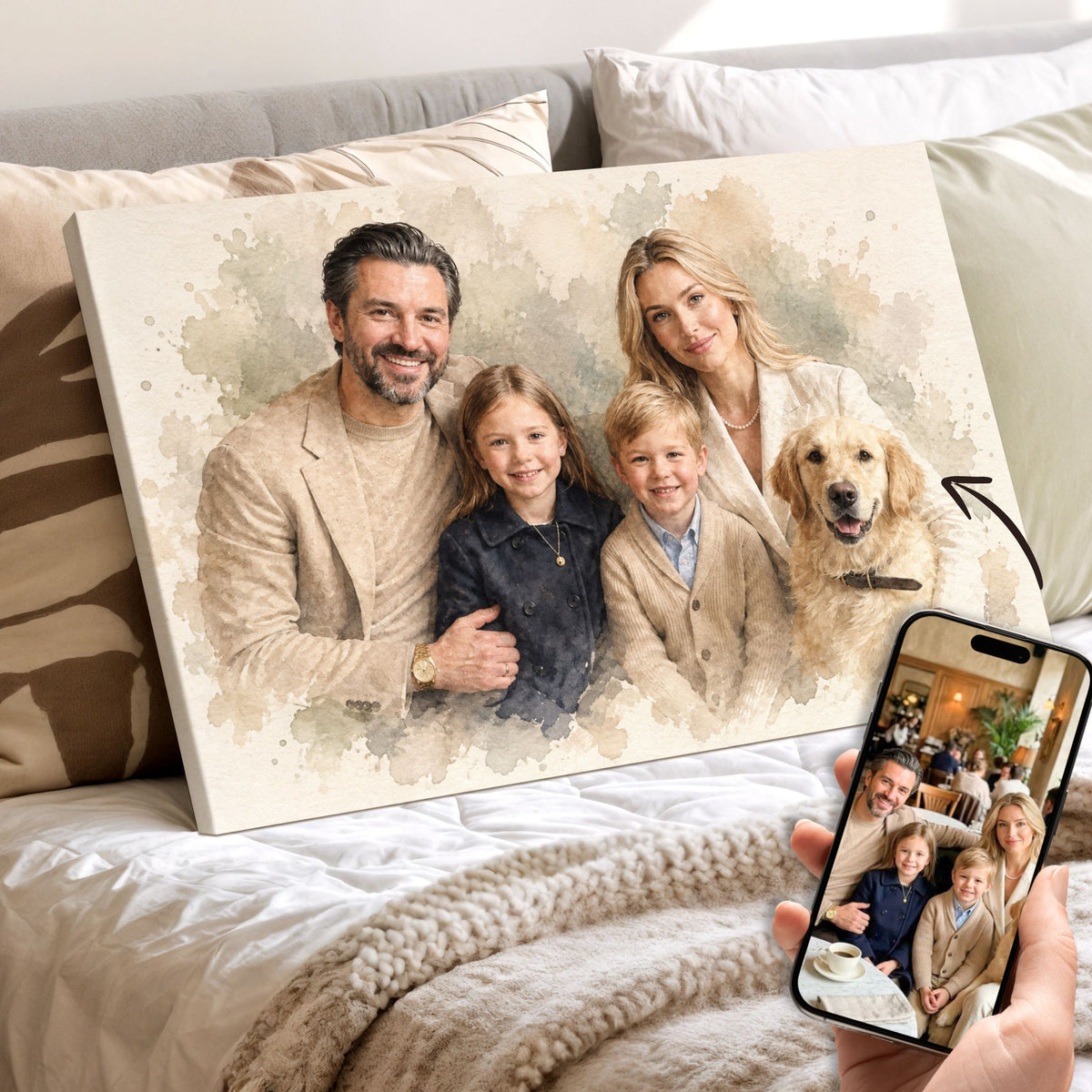 Personalisiertes Familienporträt – Sanfter Pastell-Aquarellstil