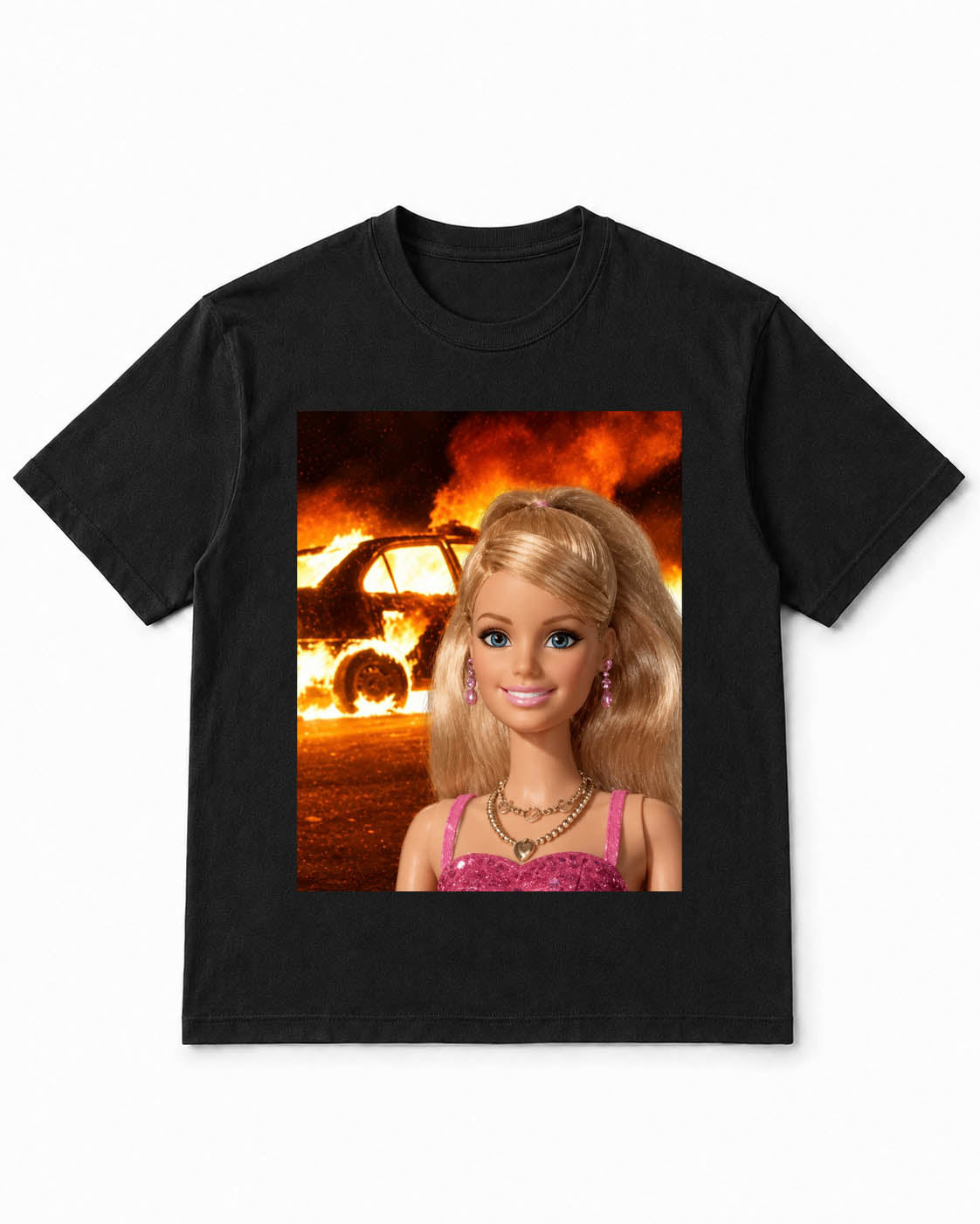 Meme Doll T-Shirt with Smiling Doll And Burning Car – 100% Cotton