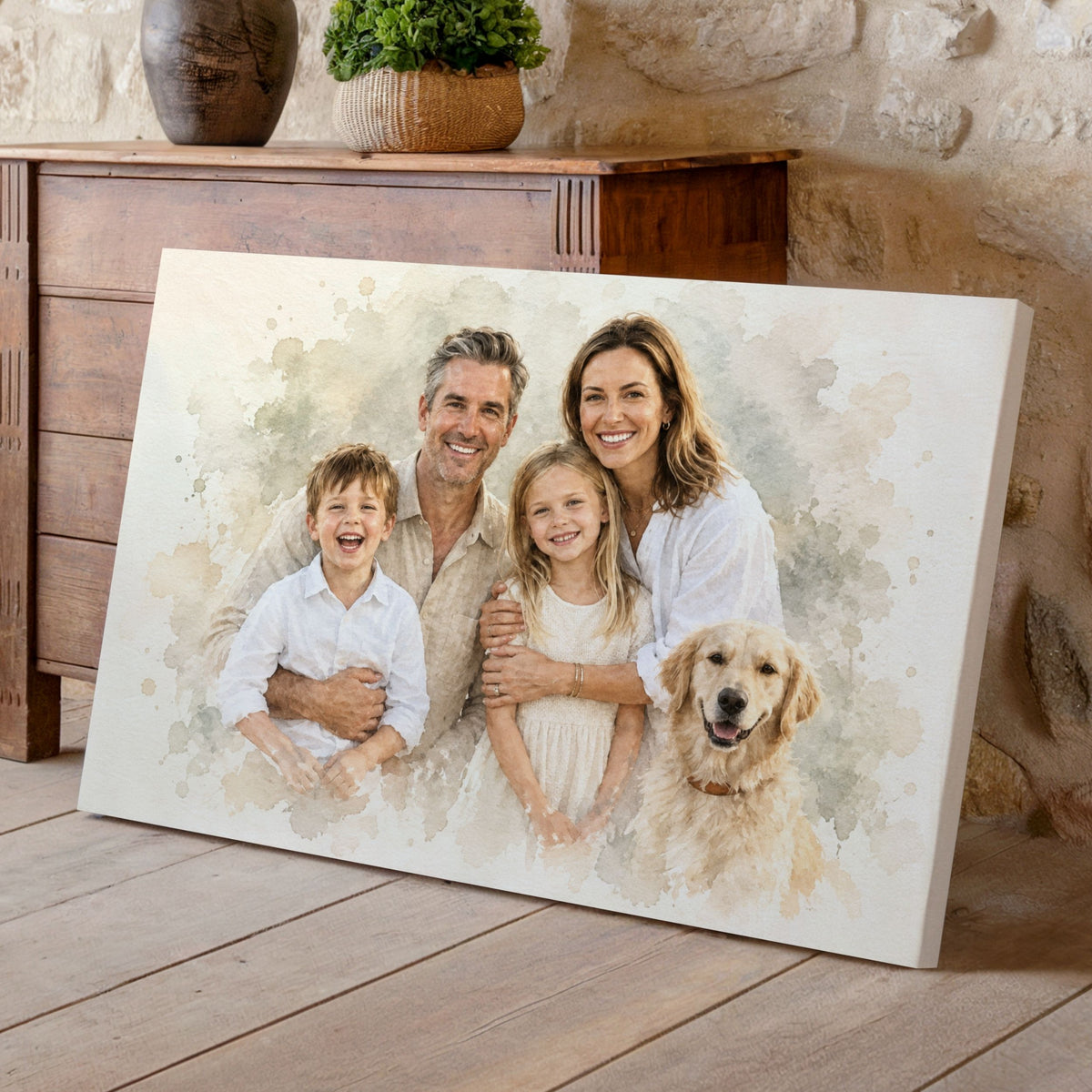 Personalisiertes Familienporträt – Sanfter Pastell-Aquarellstil