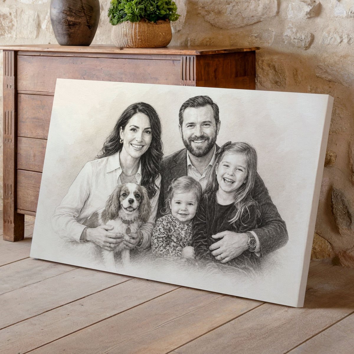 Personalisiertes Familienporträt – Eleganter Bleistiftzeichnungsstil