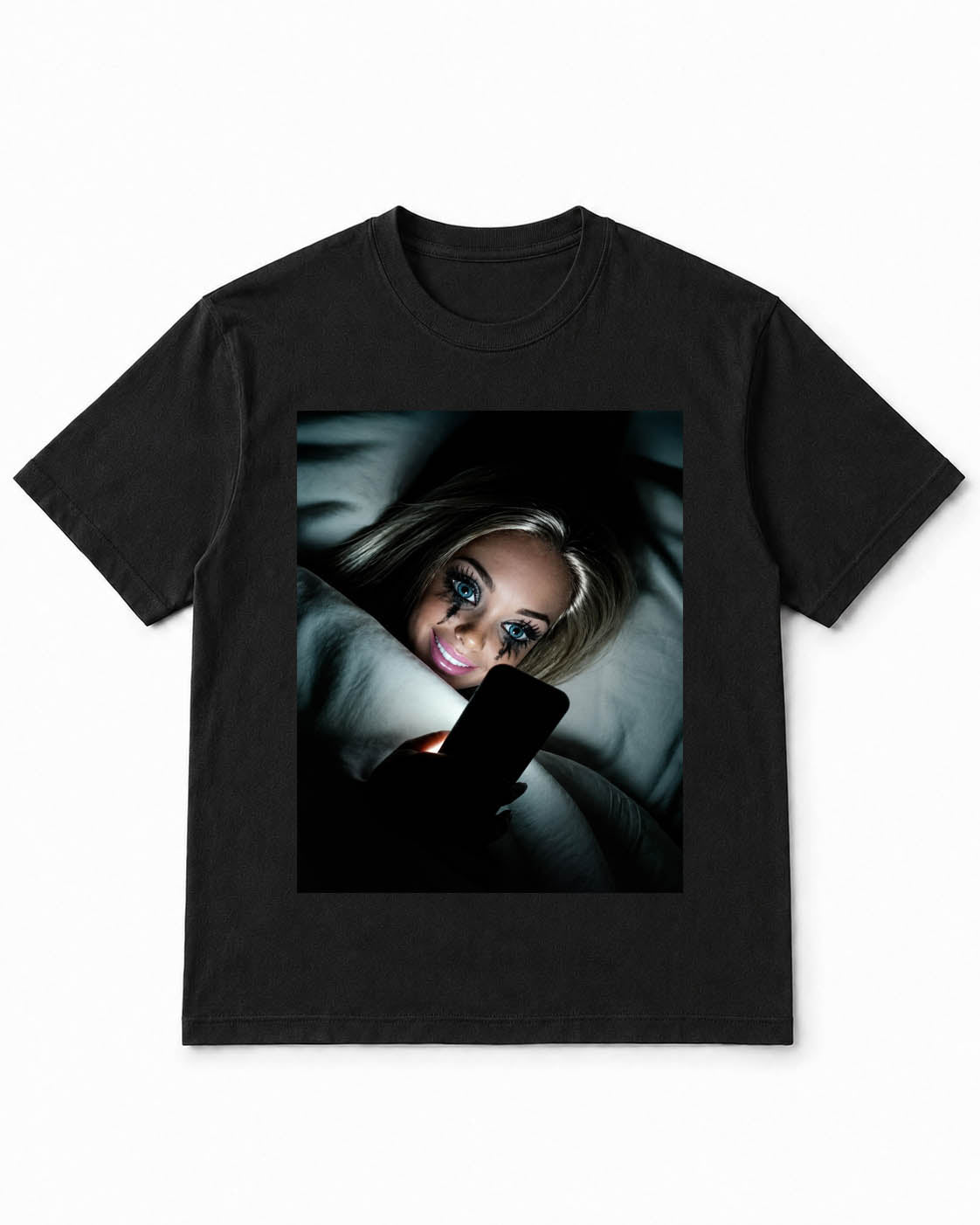 Meme Doll T-Shirt with "Late-Night Phone Glow" – 100% Cotton