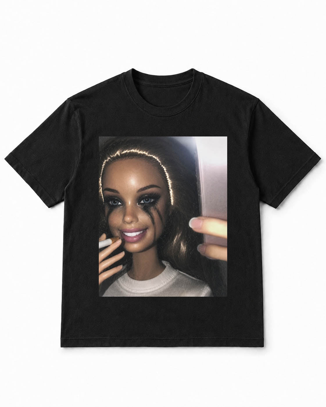 Meme-Puppen-T-Shirt im Selfie-Look mit verschmiertem Make-up – 100 % Baumwolle
