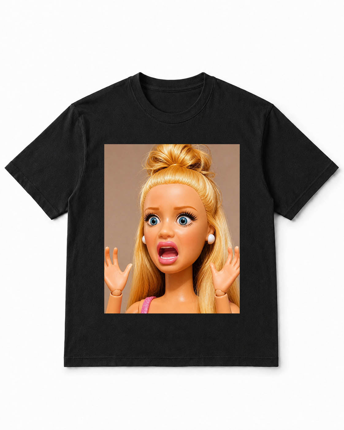 Meme Doll T-Shirt with Shocked Blonde Doll Expression – 100% Cotton