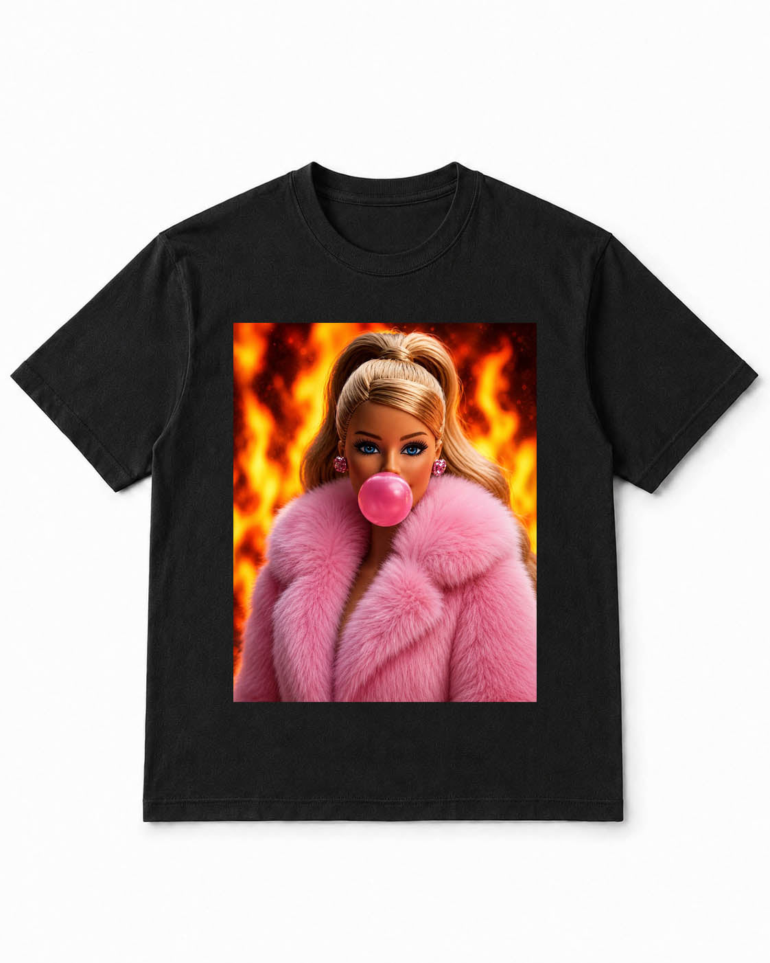 Meme Doll T-Shirt with Pink Fur, Fire, Bubblegum Attitude – 100% Cotton