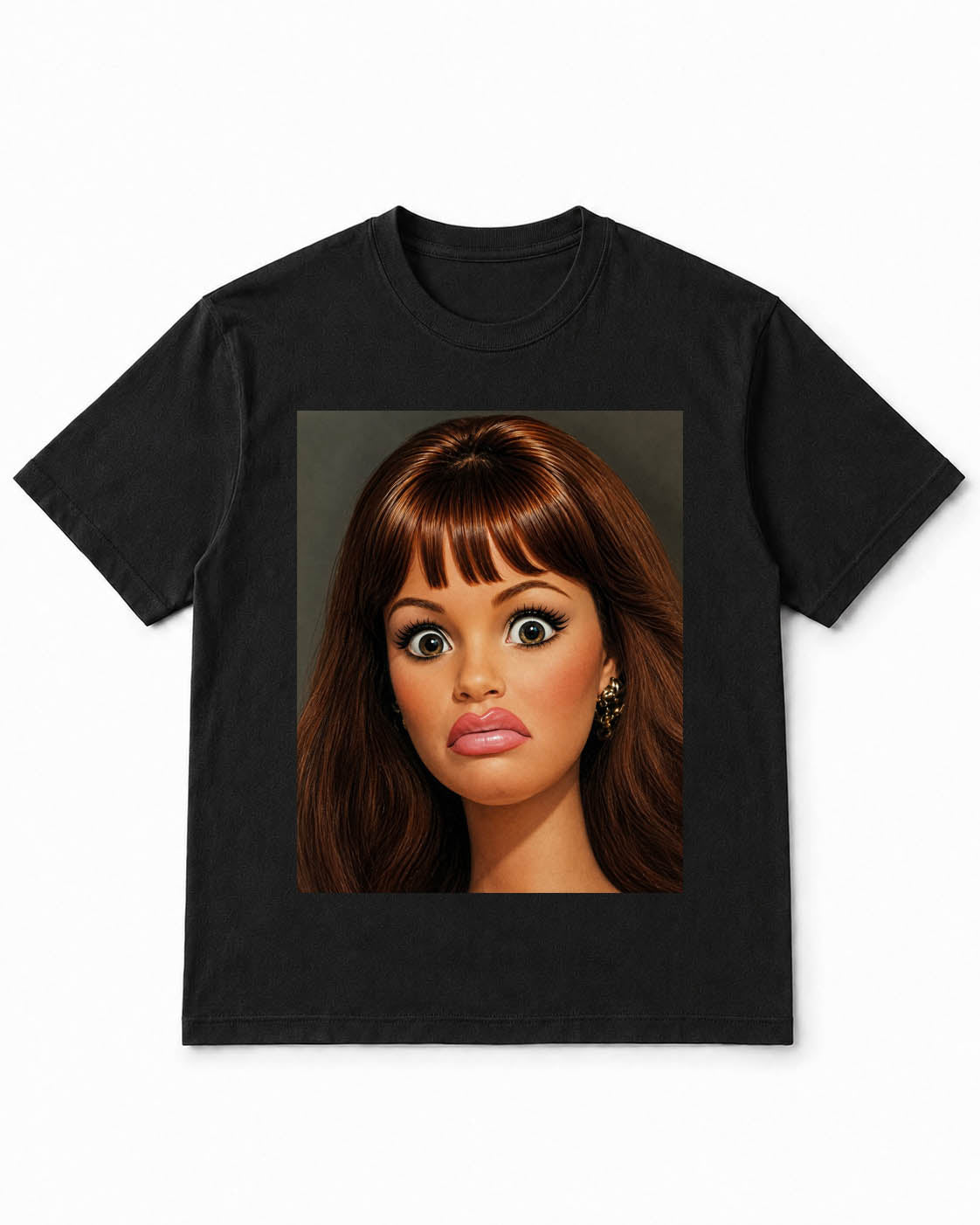 Meme Doll T-Shirt with Wide-Eyed Brunette Doll Stare – 100% Cotton