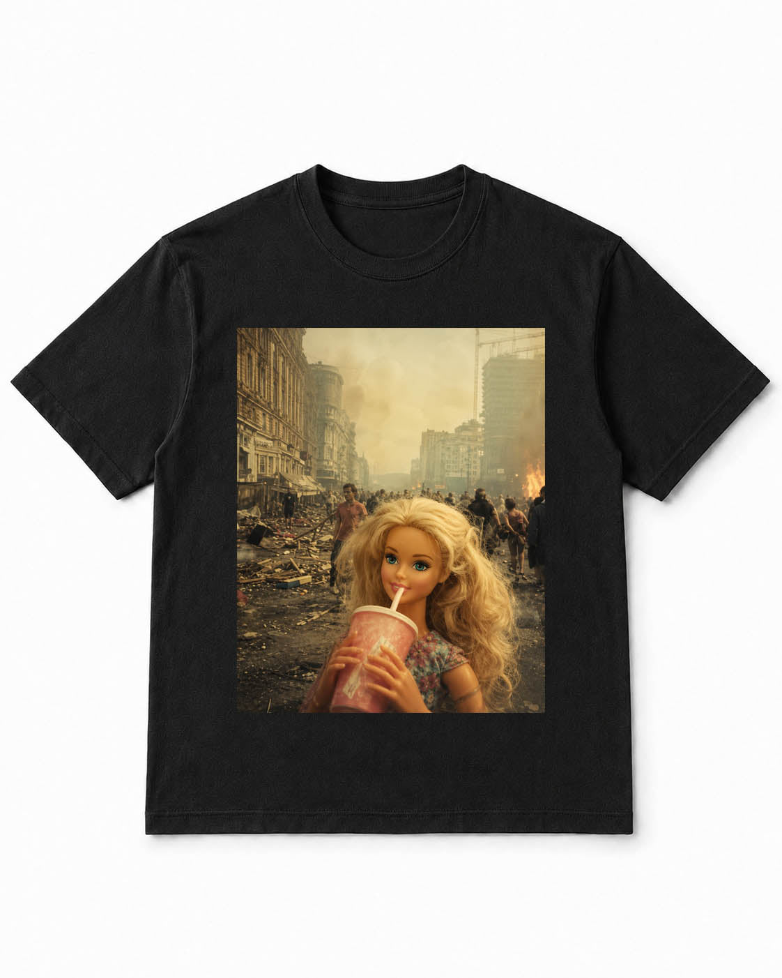 Meme-Puppen-T-Shirt mit gelassener Puppe in einer brennenden Welt – 100 % Baumwolle