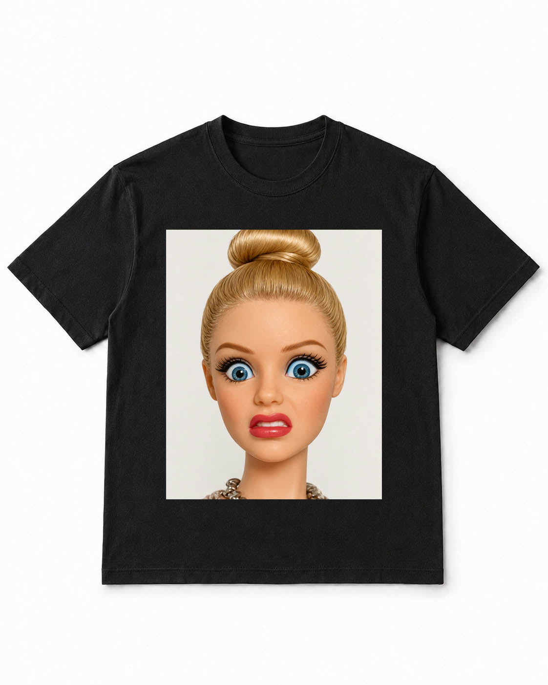Meme Doll T-Shirt with Wide-Eyed Awkward Expression – 100% Cotton