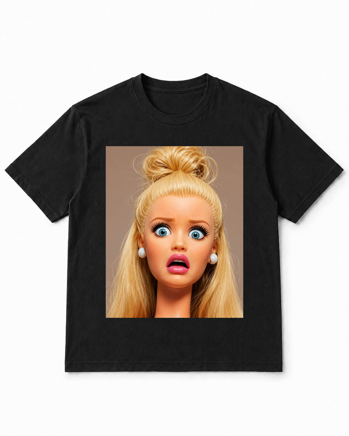 Meme Doll T-Shirt with Shocked Blonde Doll Face – 100% Cotton
