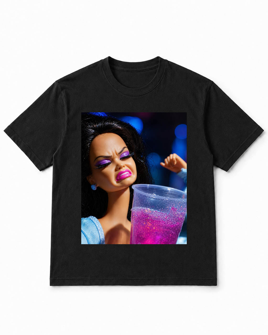 Meme Doll T-Shirt with Glitter Drink Disgust Expression– 100% Cotton