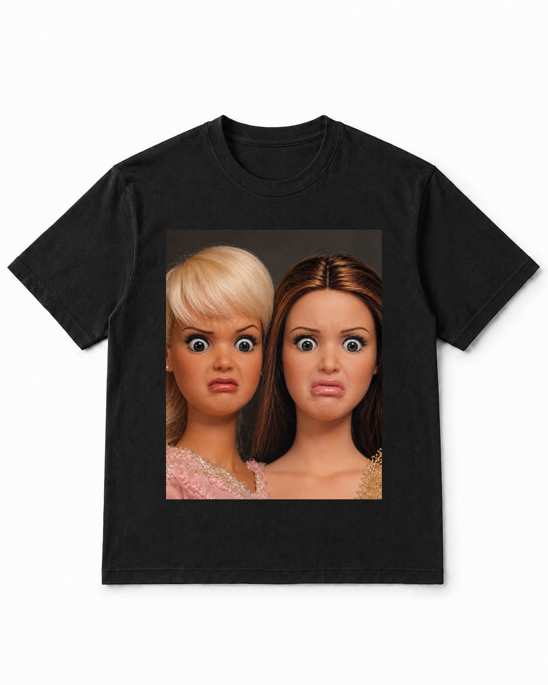 Meme-Puppen-T-Shirt mit zwei angewiderten Puppengesichtern – 100 % Baumwolle
