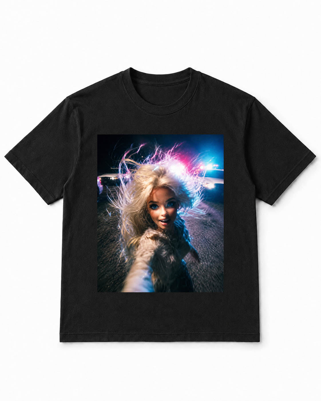 Meme Doll T-Shirt with Police Lights Night Selfie – 100% Cotton