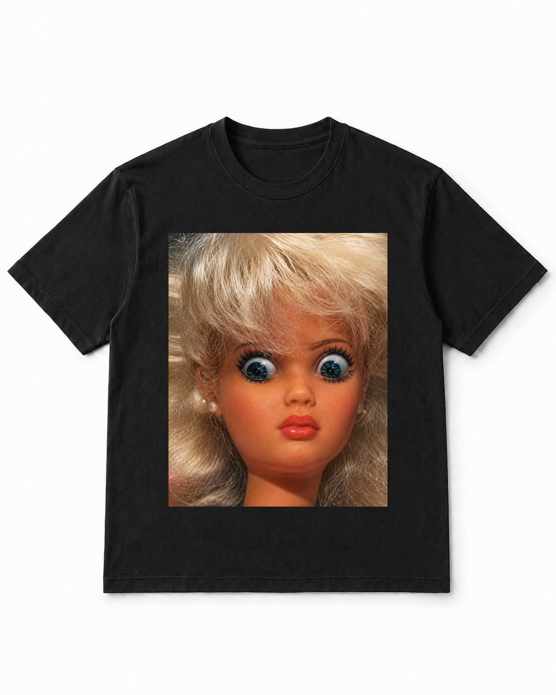 Meme Doll T-Shirt with Wide-Eyed Shock Face – 100% Cotton